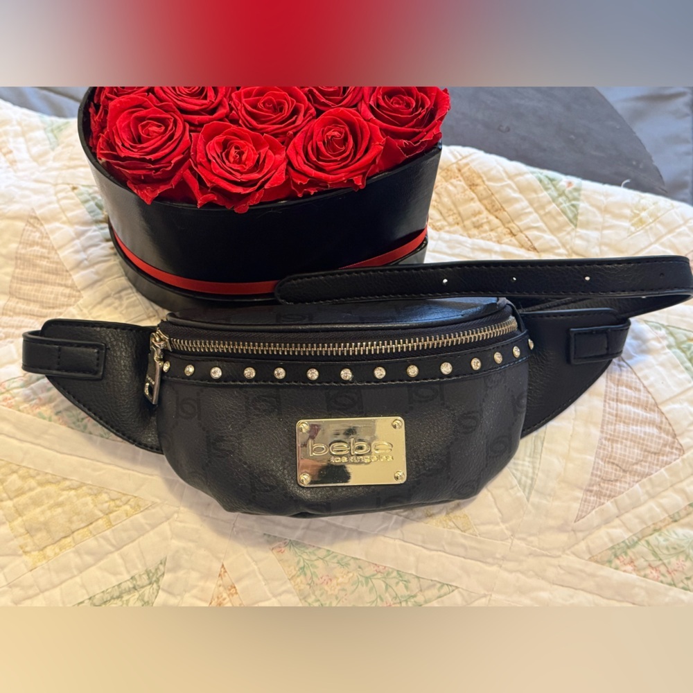 bebe Logo Belt Bag / Bum Bag w/ Gold Studs/Crystals| Adjustable Strap